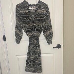 Tacera Black & Cream Geometric Midi Dress with Tie Waist